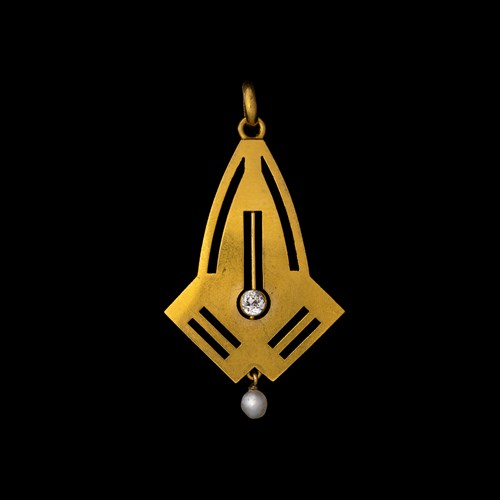 A Modern geometrical gold pendant with diamond and natural pearl.